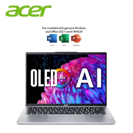 Acer Swift GO 14 SFG14-73-9249 14" 2.8K OLED Laptop Pure Silver ( CU9-185H, 16GB, 1TB, Intel Arc, W11, HS+M365 ) Acer Acer Swift GO 14 SFG14-73-9249 14" 2.8K OLED Laptop Pure Silver ( CU9-185H, 16GB, 1TB, Intel Arc, W11, HS+M365 ) Acer Malaysia