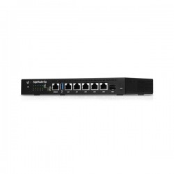 Ubiquiti Networks ER-6P Fanless router with a four-core, 1 GHz MIPS64 processor, (5) Gigabit RJ45 ports, and an SFP port