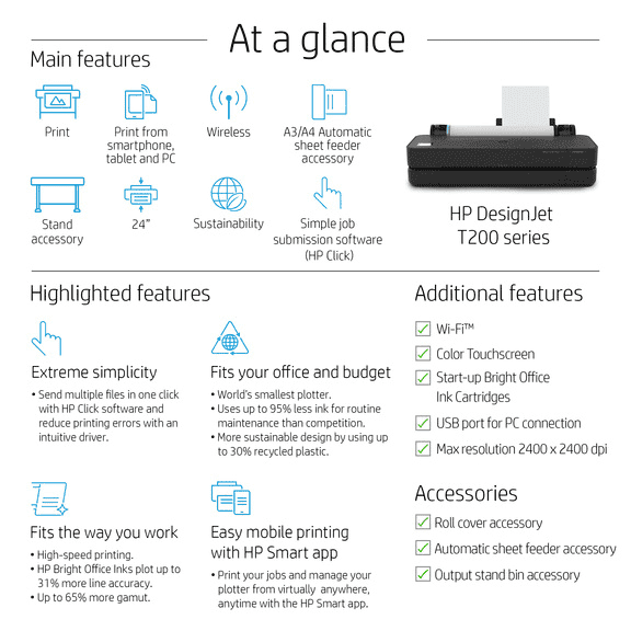 HP DesignJet T250 24-inch Compact Large Format A1 Plotter Printer + HP DesignJet T200/T600 Automatic Sheet Feeder + HP I...