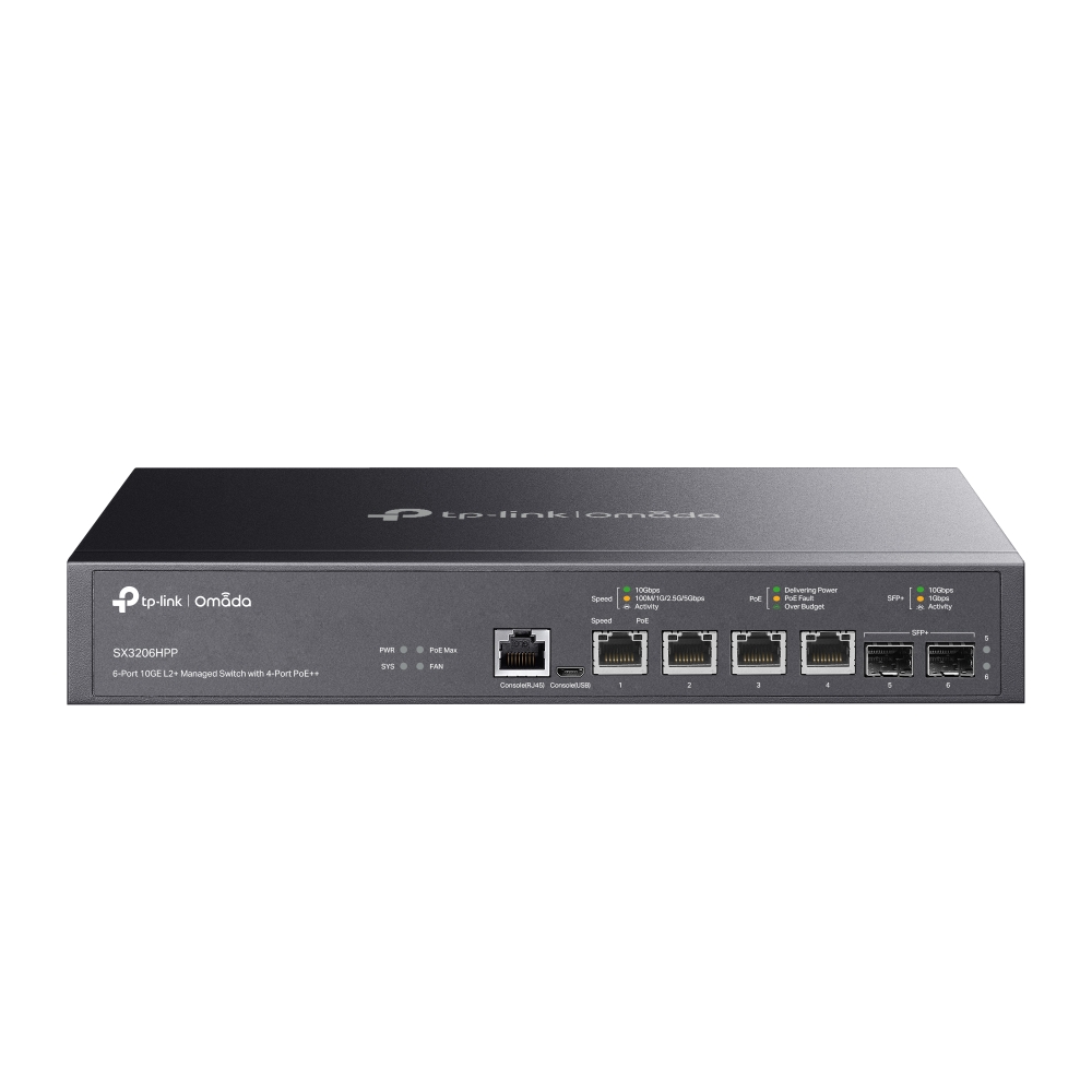 TP-Link Omada 4-Port PoE++ 10GBase-T L2+ Managed Switch with 2 10GE SFP+ Slots (SX3206HPP)