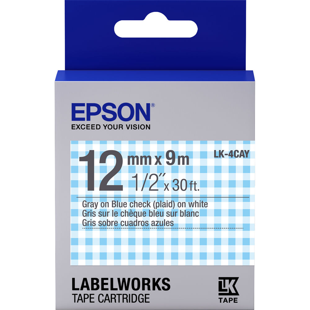 Epson LK-4CAY LabelWorks Tape - 12mm Gray on Blue Check Tape