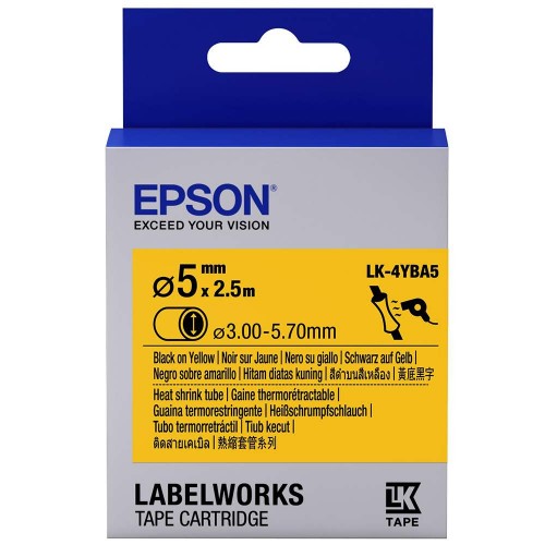 Epson LK-4YBA5 LabelWorks Tape - 5mm Black on Yellow, Heat Shrink, DIA