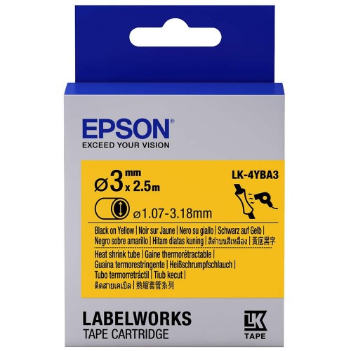Epson LK-4YBA3 LabelWorks Tape - 3mm Black on Yellow, Heat Shrink, DIA.
