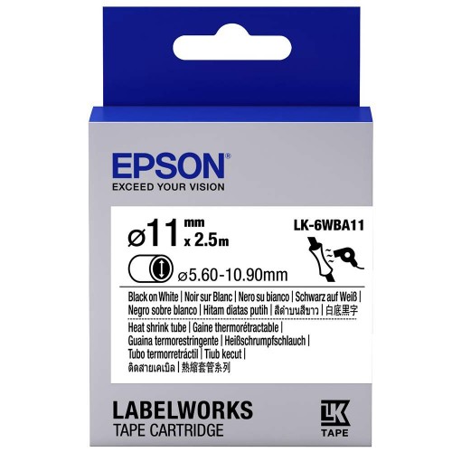 Epson LK-6WBA11 LabelWorks Tape - 11mm Black on White, Heat Shrink, DIA.1