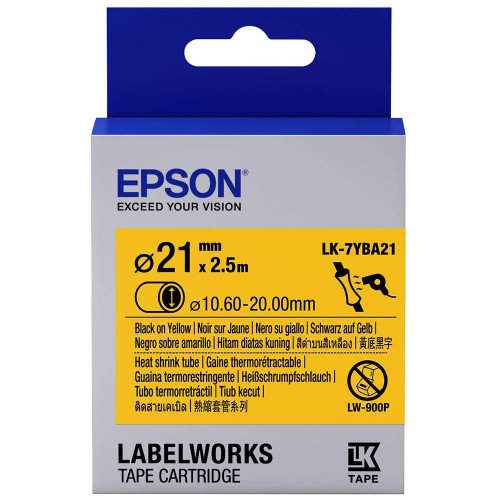 Epson LK-7YA21 LabelWorks Tape - 21mm Black on Yellow, Heat Shrink Tape