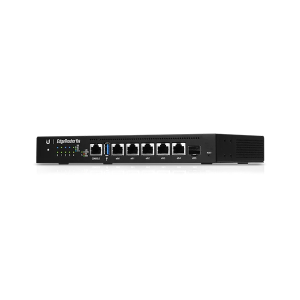 Ubiquiti Networks ER-6P Fanless router with a four-core, 1 GHz MIPS64 processor, (5) Gigabit RJ45 ports, and an SFP port