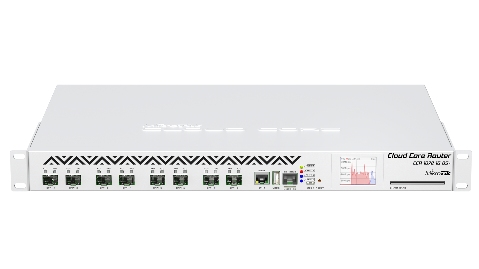 Mikrotik CCR1072-1G-8S+ 1U rackmount, 1x Gigabit Ethernet, 8xSFP+ cages, LCD, 72 cores x 1GHz CPU, 16GB RAM, up to 120 million packets per second, 80Gbps throughput, RouterOS L6