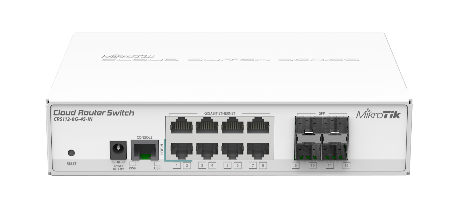Mikrotik CRS112-8G-4S-IN 8x Gigabit Ethernet Smart Switch, 4x SFP cages, 400MHz CPU, 128MB RAM, desktop case, RouterOS L5