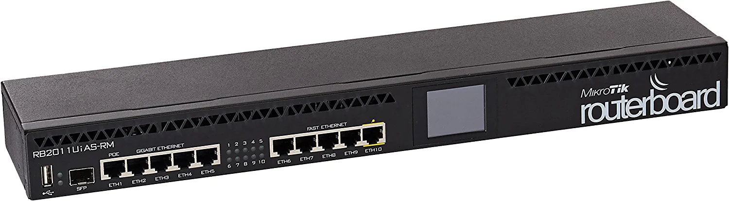 Mikrotik RB2011UiAS-RM 1U rackmount, 5xEthernet, 5xGigabit Ethernet, USB, LCD, PoE out on port 10, 600MHz CPU, 128MB RAM, RouterOS L5