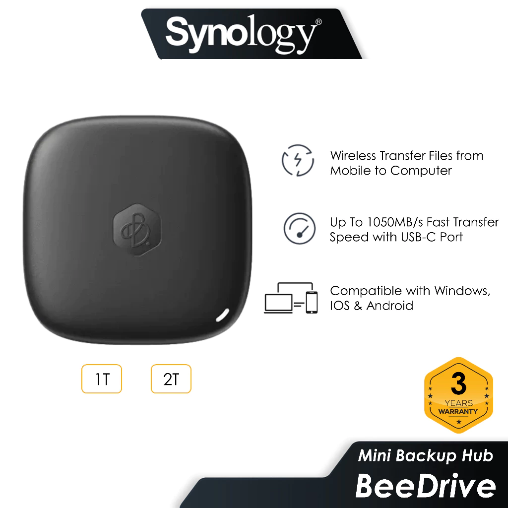 Synology BeeDrive BDS70-2T 2TB Mini Data Backup Hub For Computer & Mobile with Wireless Transfer & Speed Up to 1050MB/s with USB-C
